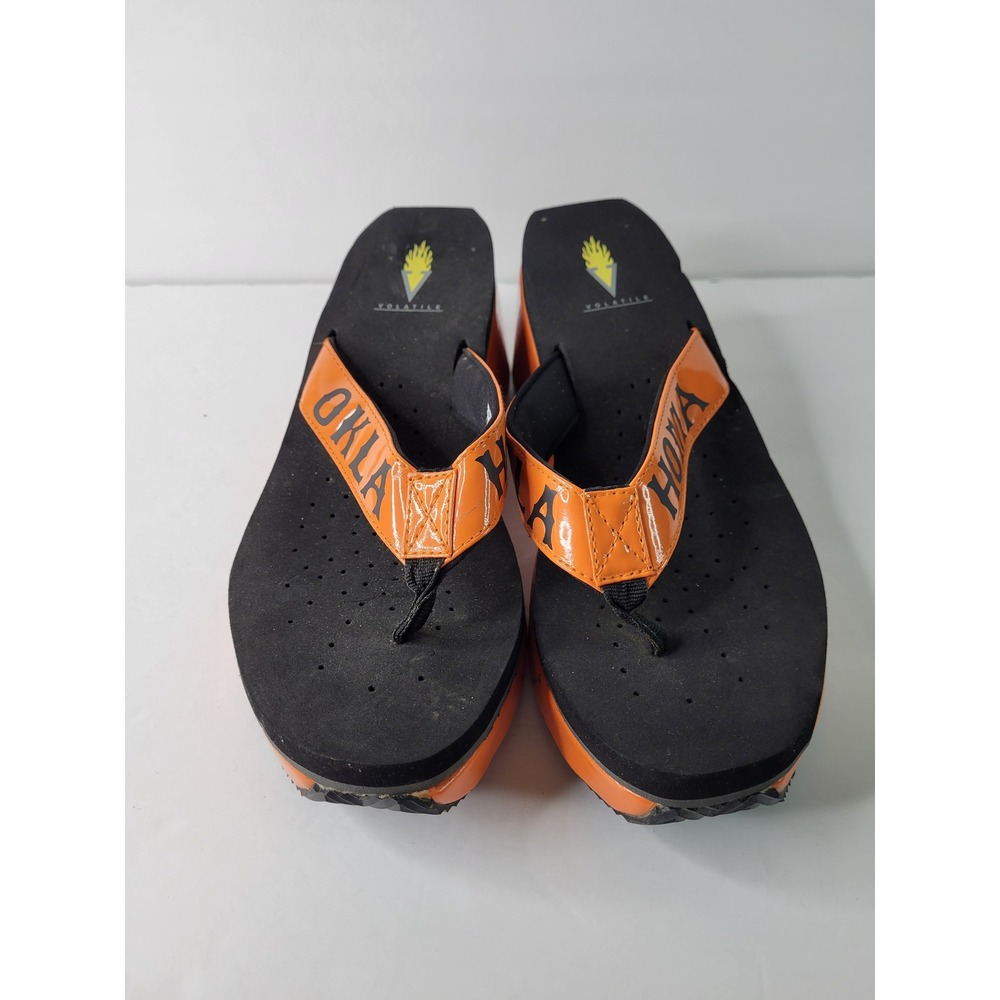 Volatile Oklahoma Platform Flip Flops Orange Black Wedge Sandals Womens 10 - Picture 2 of 5
